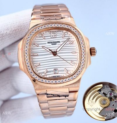 Swiss Quality Copy Patek Philippe Watches Nautilus 8215 Movement Watches Diamond Bezel Rose Gold